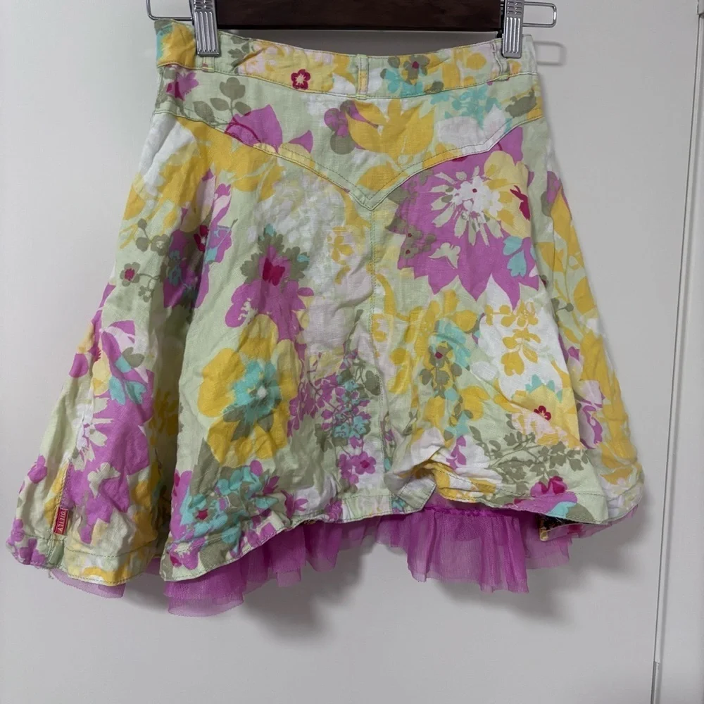 Oilily girls pink yellow Floral Button-Up Skirt with Ruffle Hem size 7-8